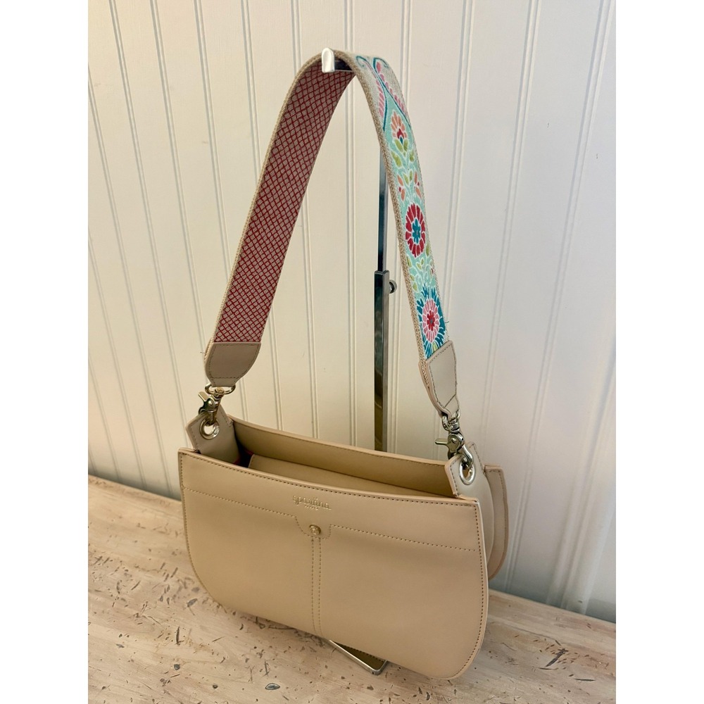 Spartina 449 Shoulder Bag Womens Small Beige Leather Floral Embroidered Strap